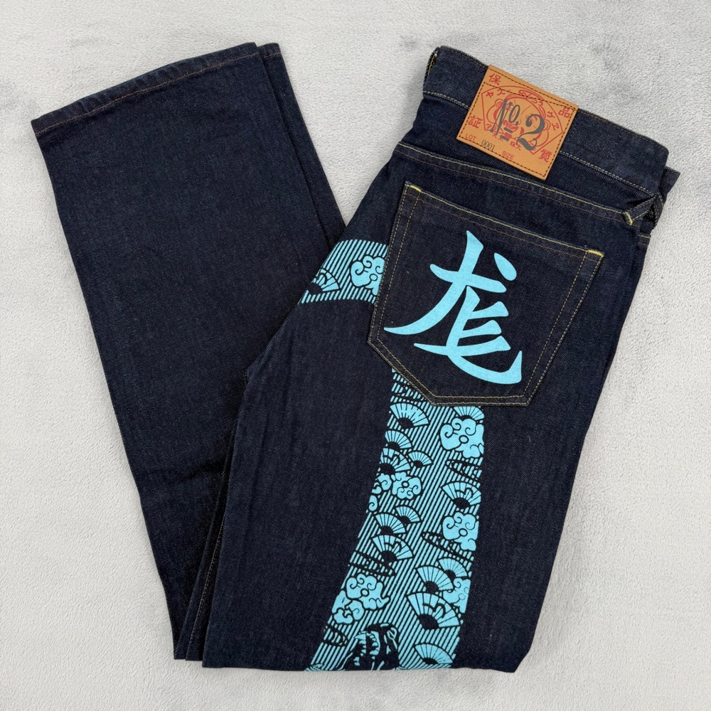 Evisu Mens Osaka Japan Raw Indigo Denim Jeans Teal Graphic Print Size 32